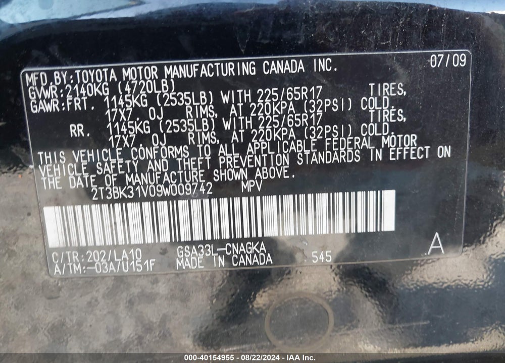 2009 TOYOTA RAV4 LIMITED V6 VIN: 2T3BK31V09W009742