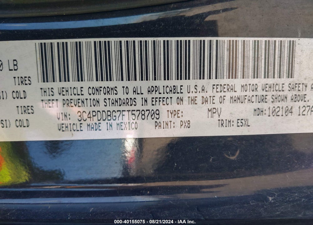 2015 DODGE JOURNEY SXT VIN: 3C4PDDBG7FT578709