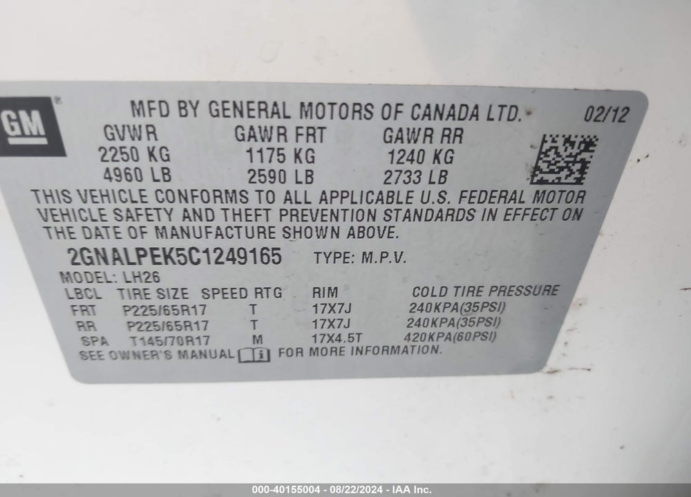 2012 CHEVROLET EQUINOX 2LT VIN: 2GNALPEK5C1249165