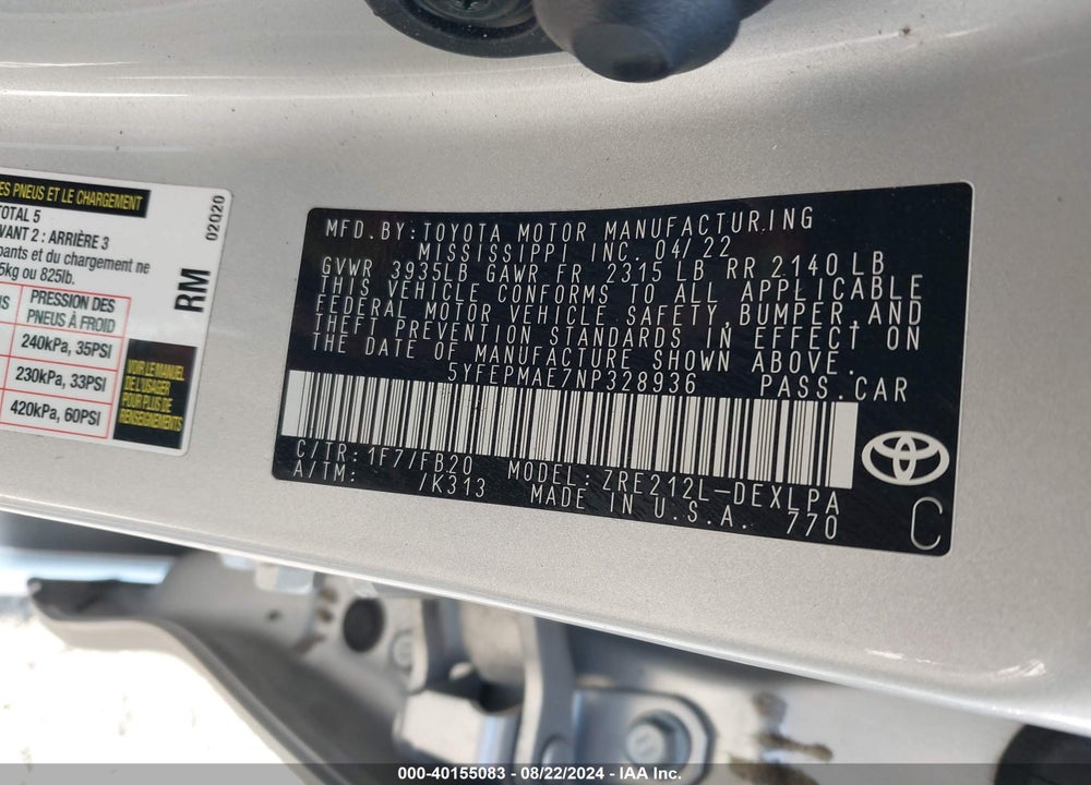 2022 TOYOTA COROLLA LE VIN: 5YFEPMAE7NP328936