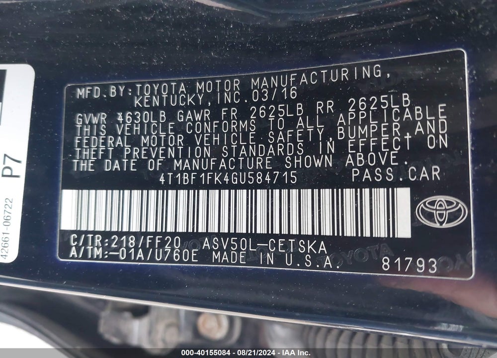 2016 TOYOTA CAMRY SE VIN: 4T1BF1FK4GU584715