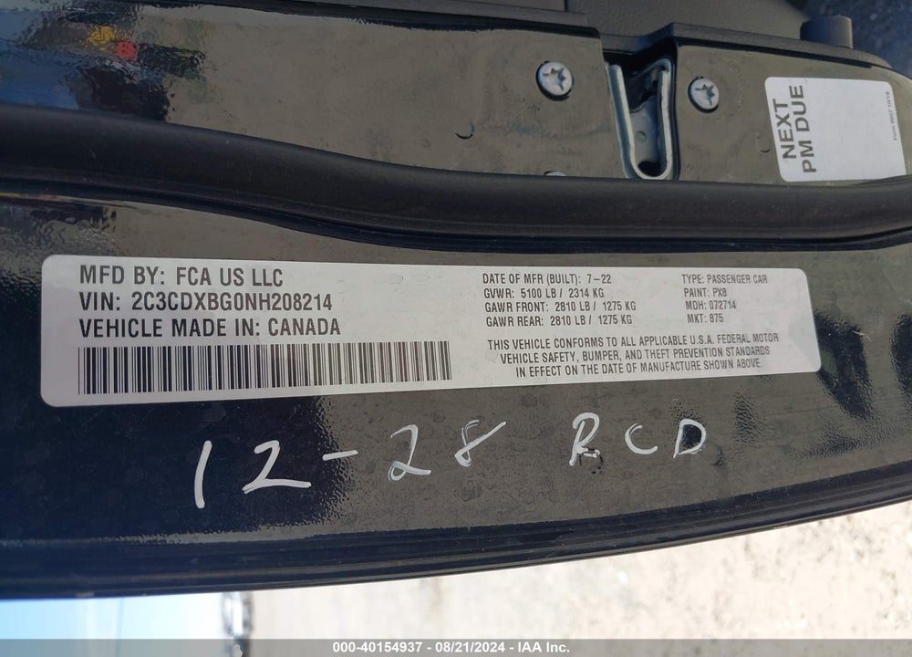 2022 DODGE CHARGER SXT RWD VIN: 2C3CDXBG0NH208214