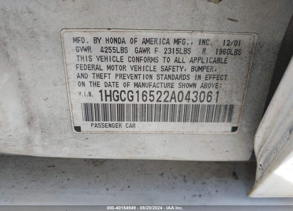 2002 HONDA ACCORD 3.0 EX VIN: 1HGCG16522A043061