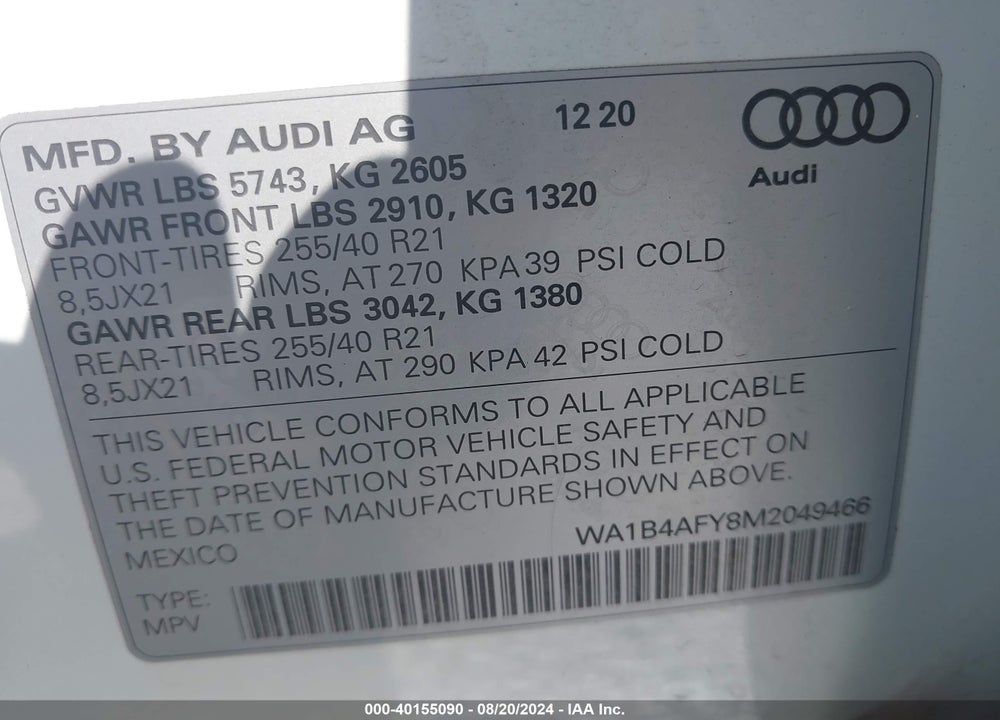 2021 AUDI SQ5 VIN: WA1B4AFY8M2049466