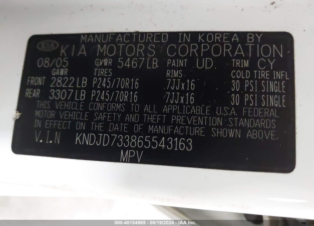 2006 KIA SORENTO EX/LX VIN: KNDJD733865543163