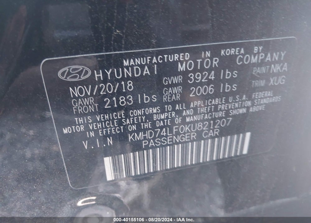 2019 HYUNDAI ELANTRA SE VIN: KMHD74LF0KU821207