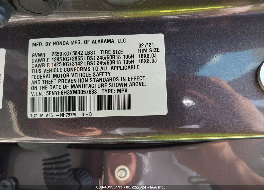 2021 HONDA PILOT AWD EX VIN: 5FNYF6H3XMB057638
