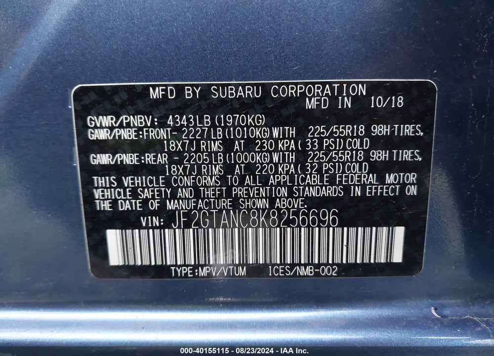 2019 SUBARU CROSSTREK 2.0I LIMITED VIN: JF2GTANC8K8256696