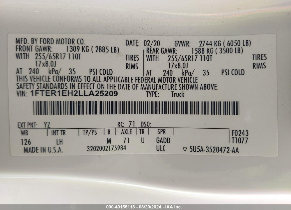 2020 FORD RANGER XLT VIN: 1FTER1EH2LLA25209