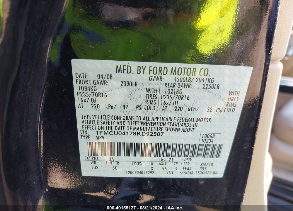 2008 FORD ESCAPE LIMITED VIN: 1FMCU04178KD92507