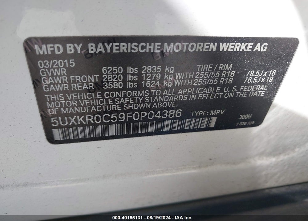 2015 BMW X5 VIN: 5UXKR0C59F0P04386