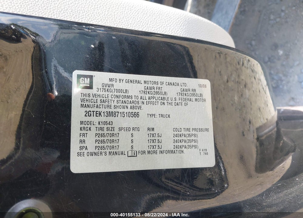 2007 GMC SIERRA 1500 SLT VIN: 2GTEK13M871510566