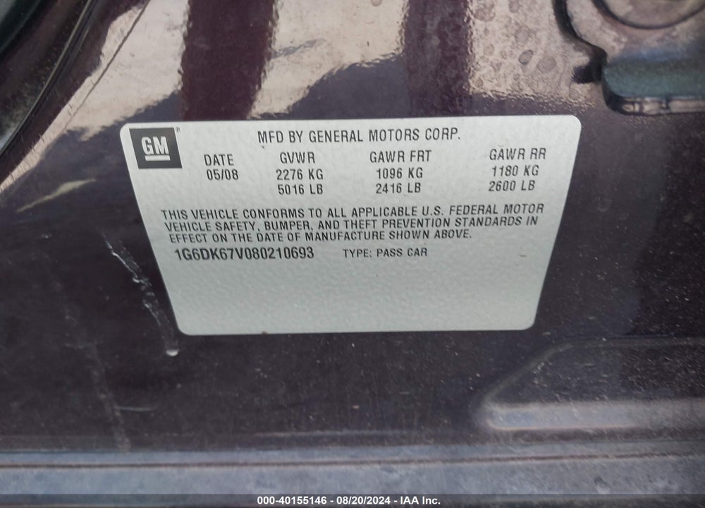 2008 CADILLAC STS V6 VIN: 1G6DK67V080210693