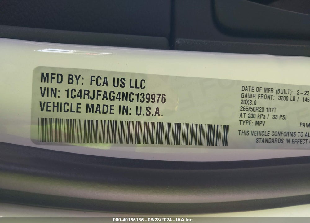 2022 JEEP GRAND CHEROKEE WK LAREDO X 4X4 VIN: 1C4RJFAG4NC139976