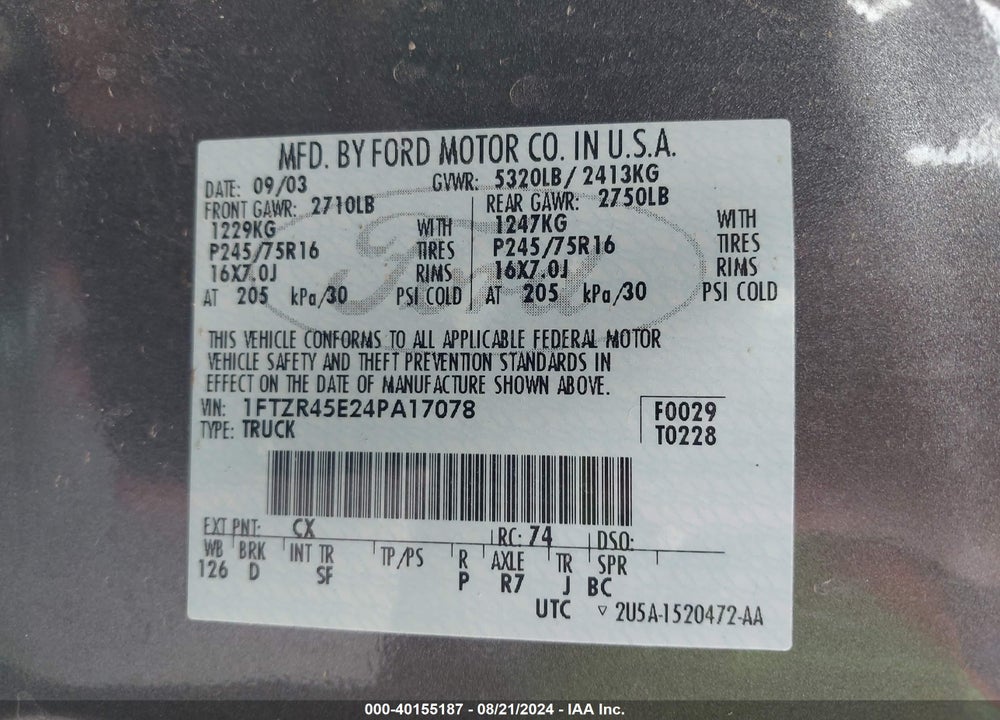 2004 FORD RANGER EDGE/TREMOR/XLT VIN: 1FTZR45E24PA17078