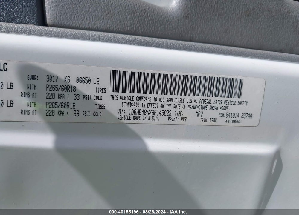 2008 DODGE DURANGO VIN: 1D8HB48NX8F149823