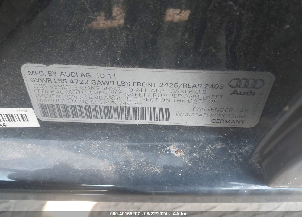 2012 AUDI A4 2.0T PREMIUM VIN: WAUAFAFLXCN013384