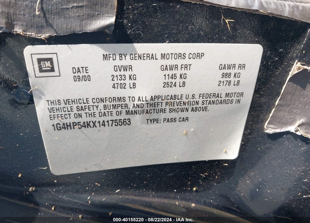 2001 BUICK LESABRE CUSTOM VIN: 1G4HP54KX14175563