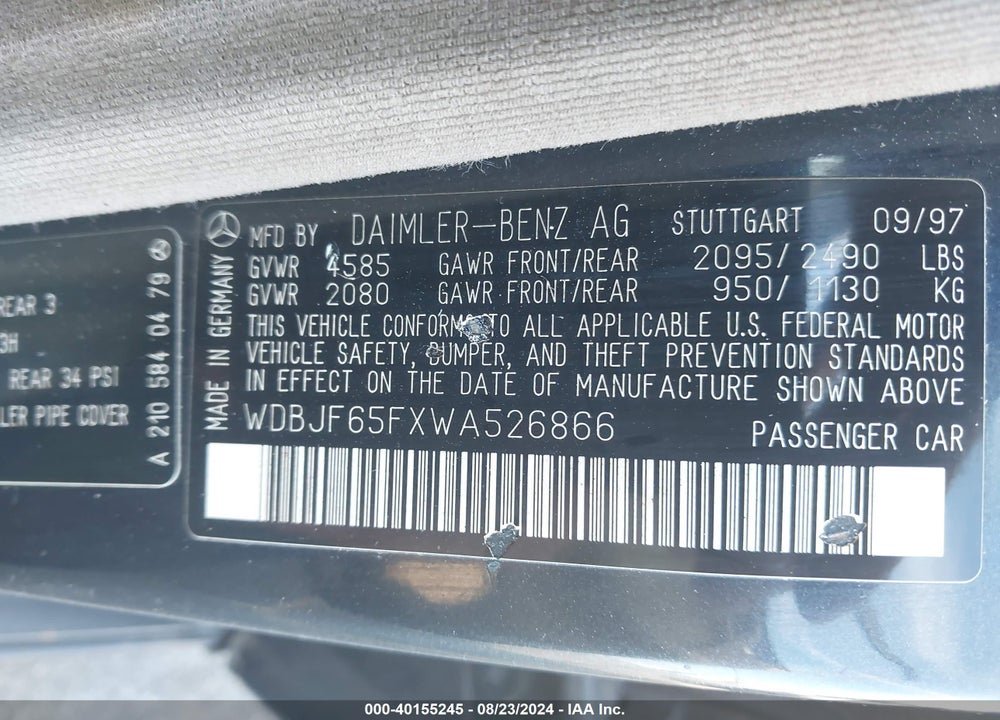 1998 MERCEDES-BENZ E 320 VIN: WDBJF65FXWA526866