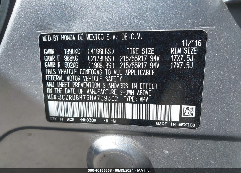2017 HONDA HR-V VIN: 3CZRU6H75HM709302