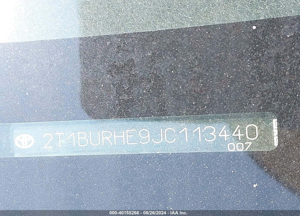 2018 TOYOTA COROLLA LE VIN: 2T1BURHE9JC113440
