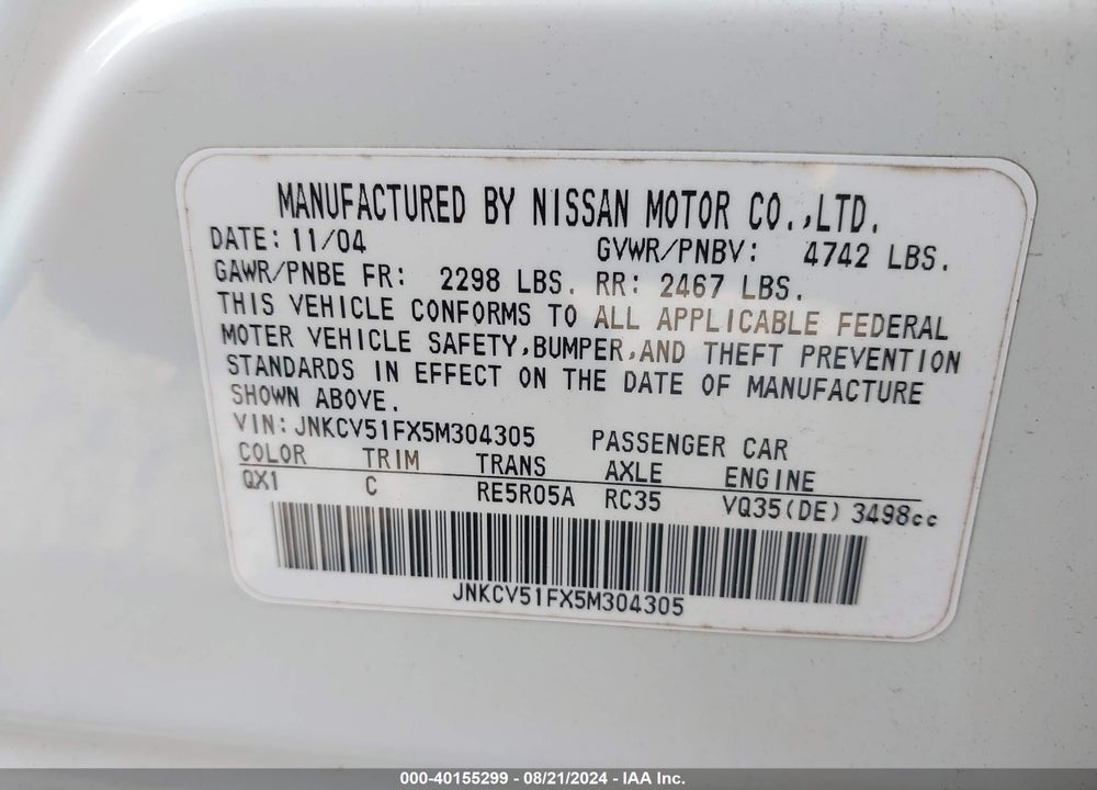 2005 INFINITI G35X VIN: JNKCV51FX5M304305
