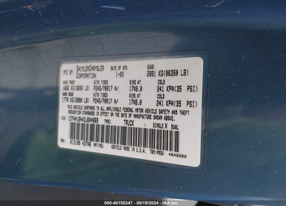 2003 DODGE RAM 1500 SLT/LARAMIE/ST VIN: 1D7HA16N43J604969