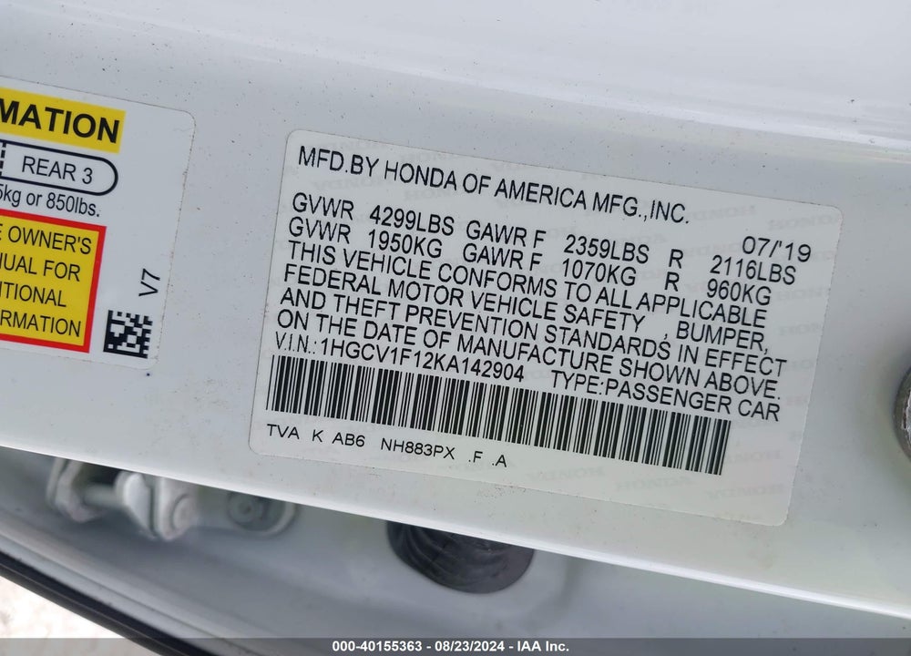 2019 HONDA ACCORD LX VIN: 1HGCV1F12KA142904