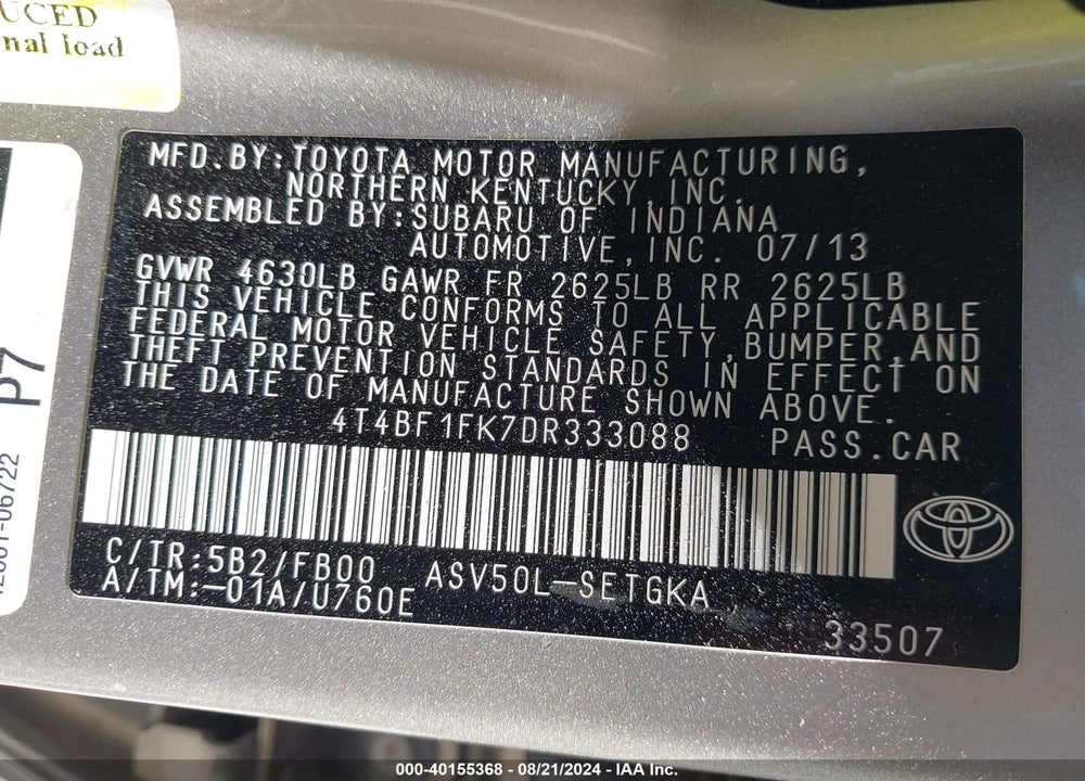 2013 TOYOTA CAMRY XLE VIN: 4T4BF1FK7DR333088