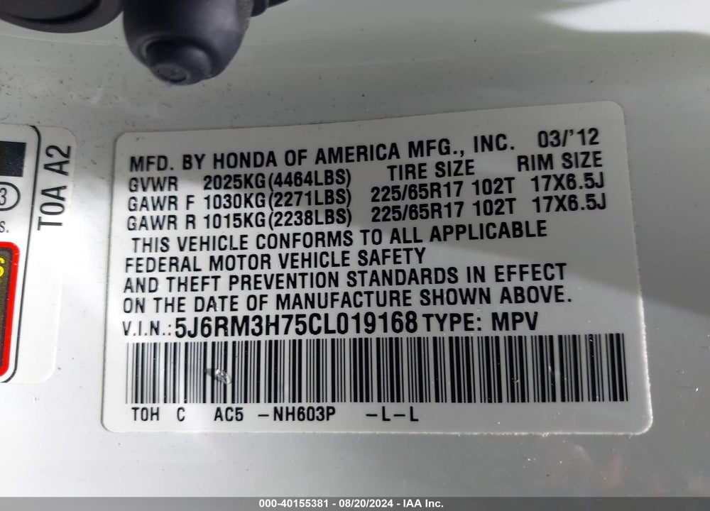 2012 HONDA CR-V EX-L VIN: 5J6RM3H75CL019168
