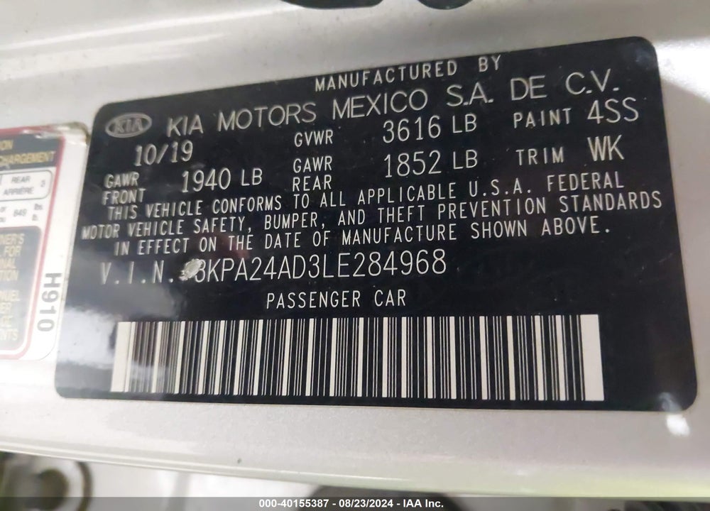 2020 KIA RIO S VIN: 3KPA24AD3LE284968