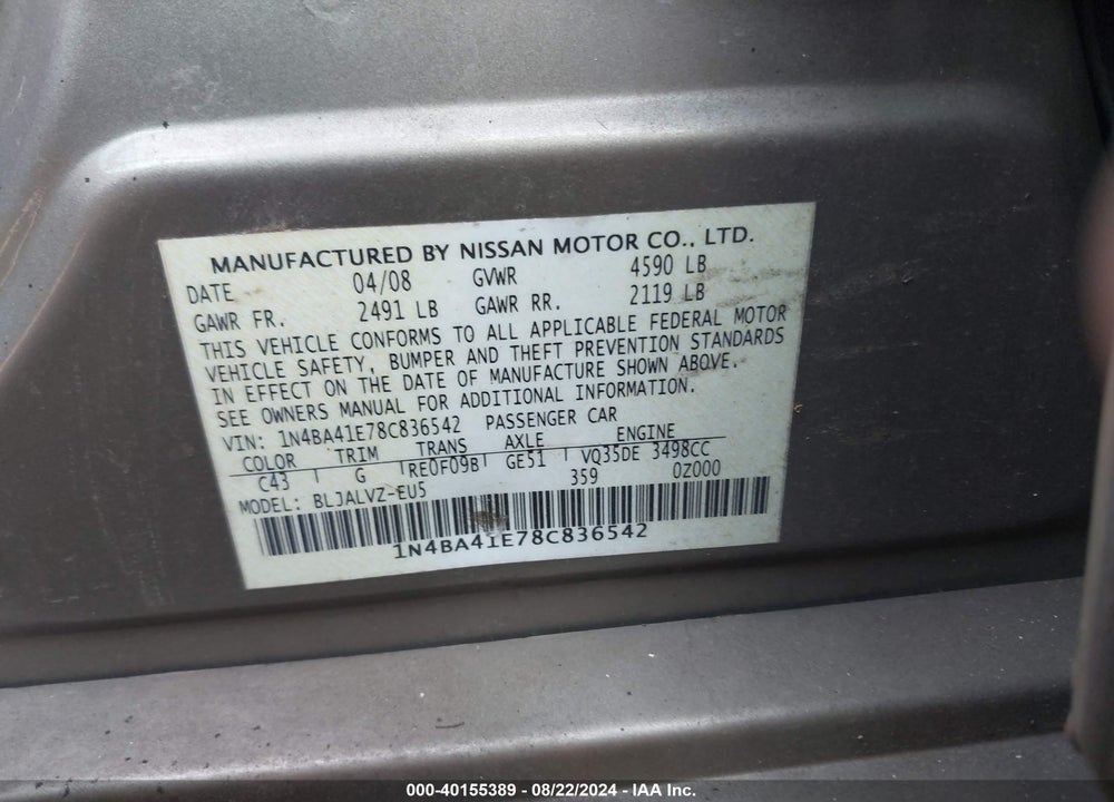2008 NISSAN MAXIMA 3.5 SE VIN: 1N4BA41E78C836542