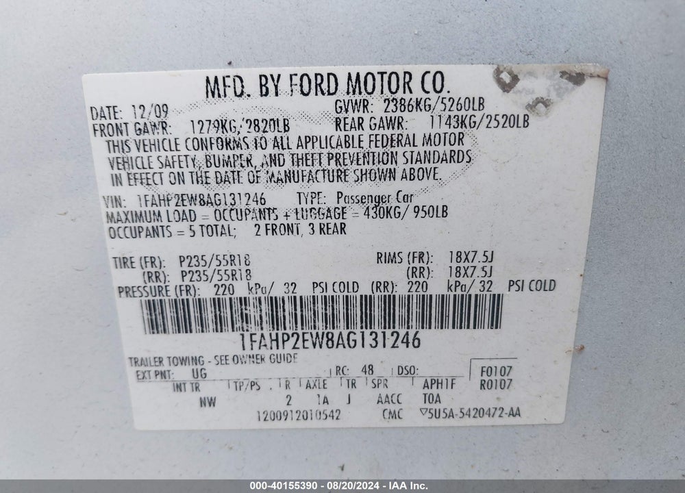2010 FORD TAURUS SEL VIN: 1FAHP2EW8AG131246