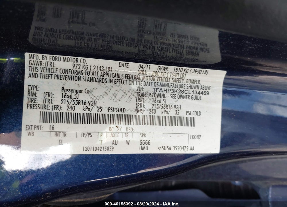 2012 FORD FOCUS VIN: 1FAHP3K28CL134469