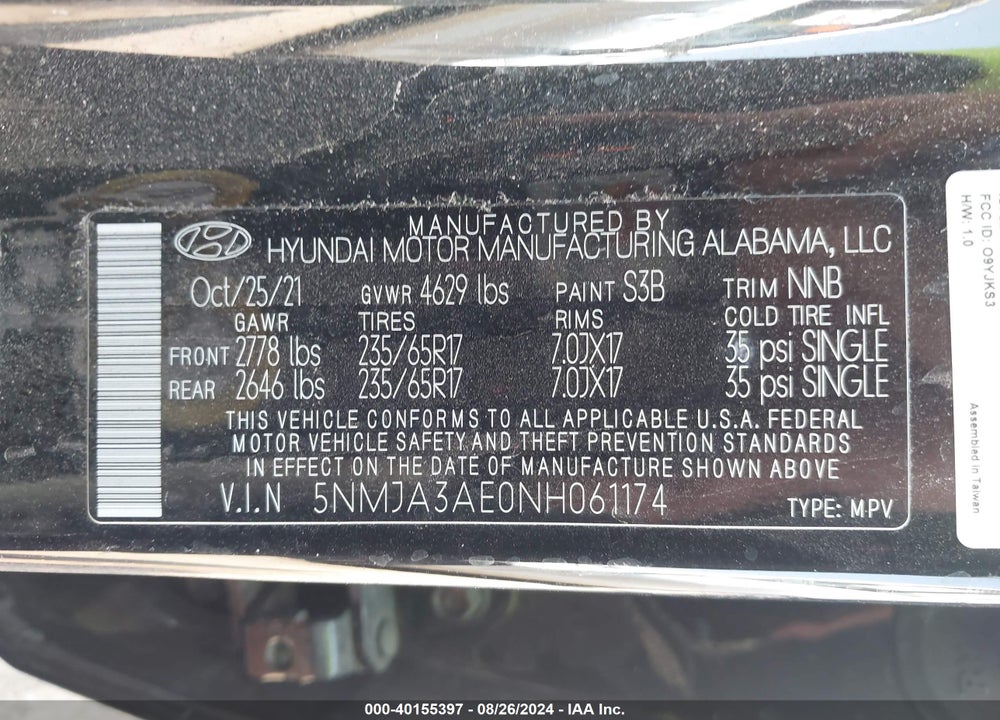 2022 HYUNDAI TUCSON SE VIN: 5NMJA3AE0NH061174