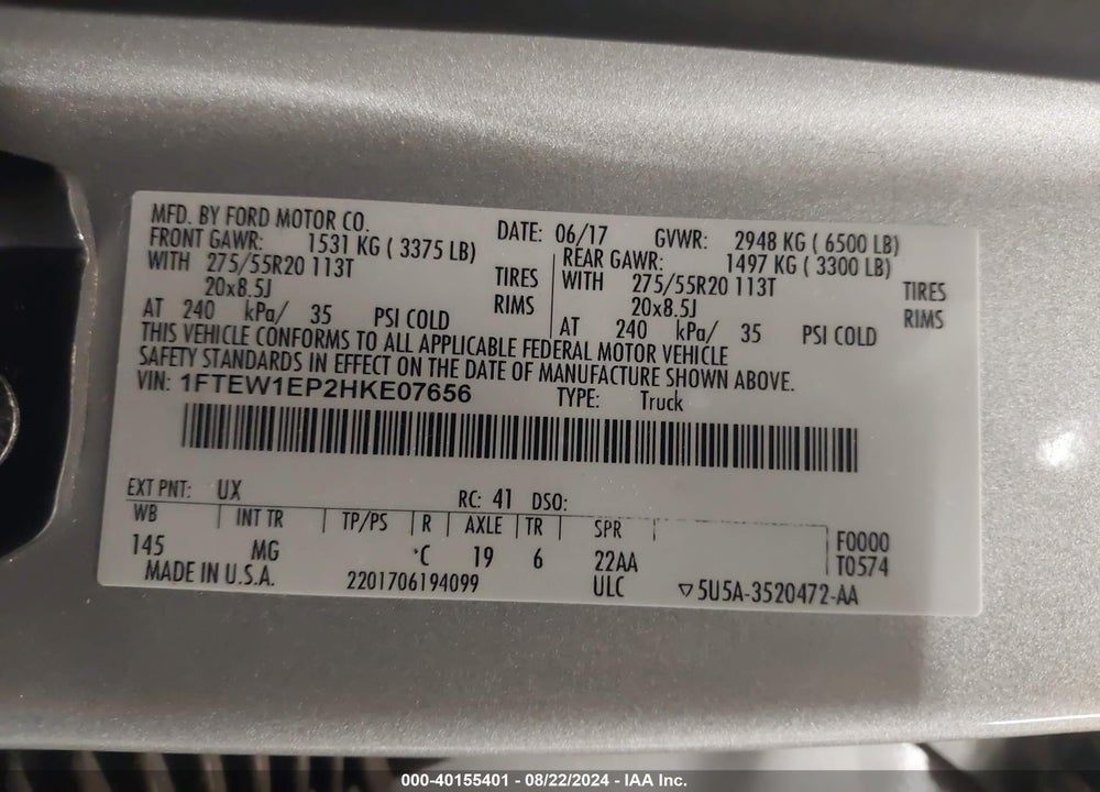2017 FORD F-150 XLT VIN: 1FTEW1EP2HKE07656