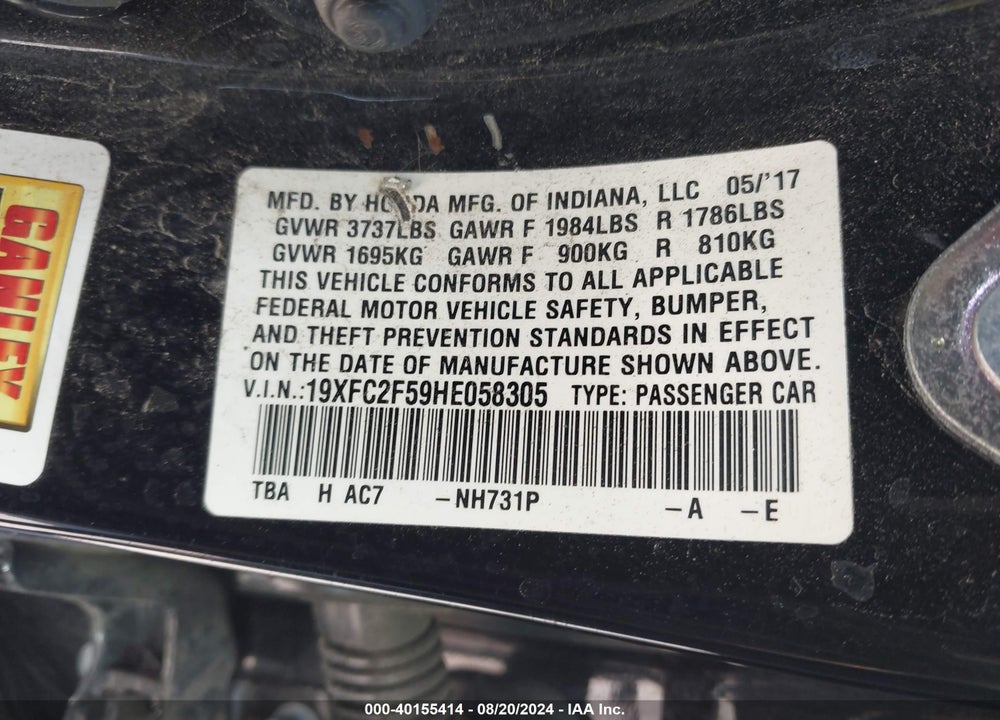 2017 HONDA CIVIC LX VIN: 19XFC2F59HE058305