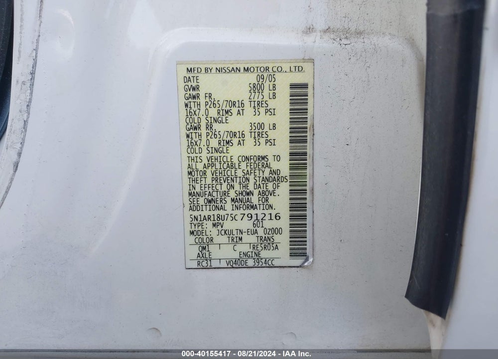 2005 NISSAN PATHFINDER SE VIN: 5N1AR18U75C791216