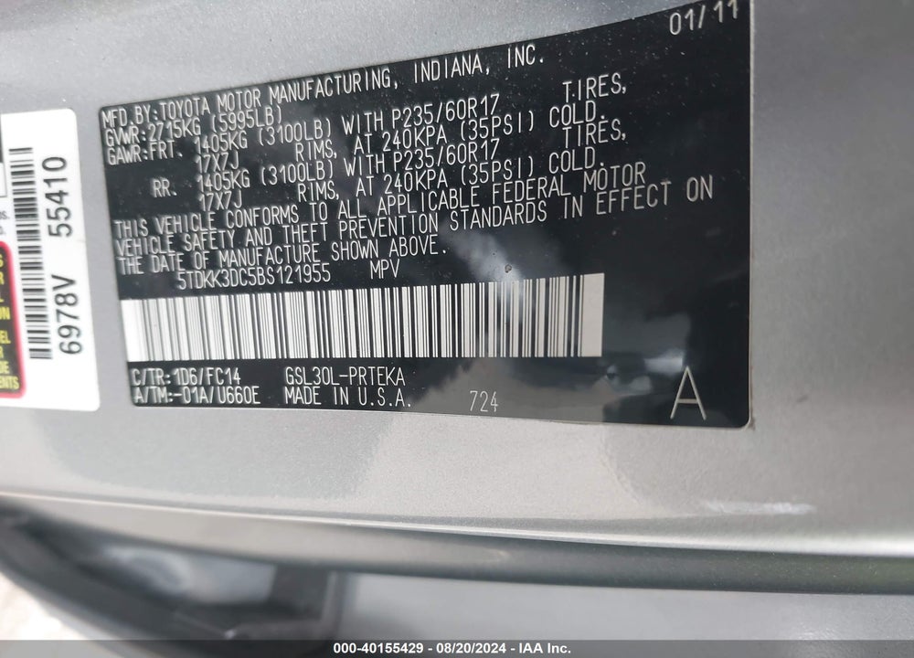 2011 TOYOTA SIENNA LE V6/LE V6 AUTO ACCESS SEAT VIN: 5TDKK3DC5BS121955