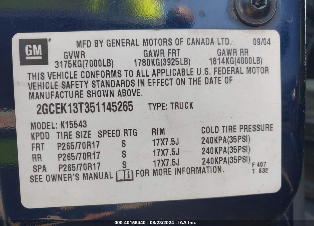 2005 CHEVROLET SILVERADO 1500 Z71 VIN: 2GCEK13T351145265