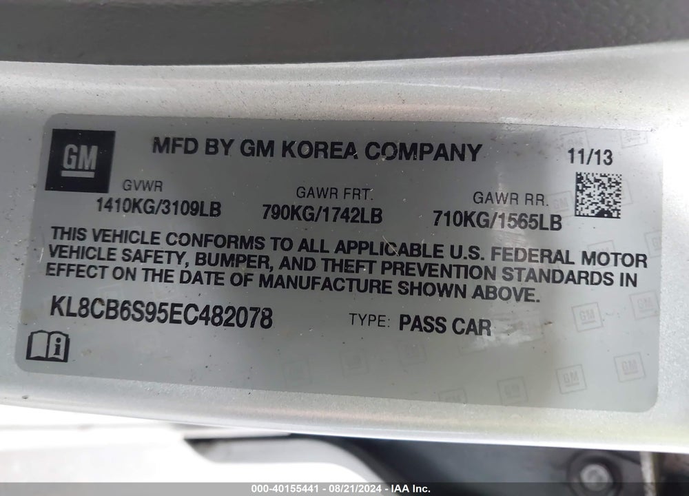 2014 CHEVROLET SPARK LS AUTO VIN: KL8CB6S95EC482078