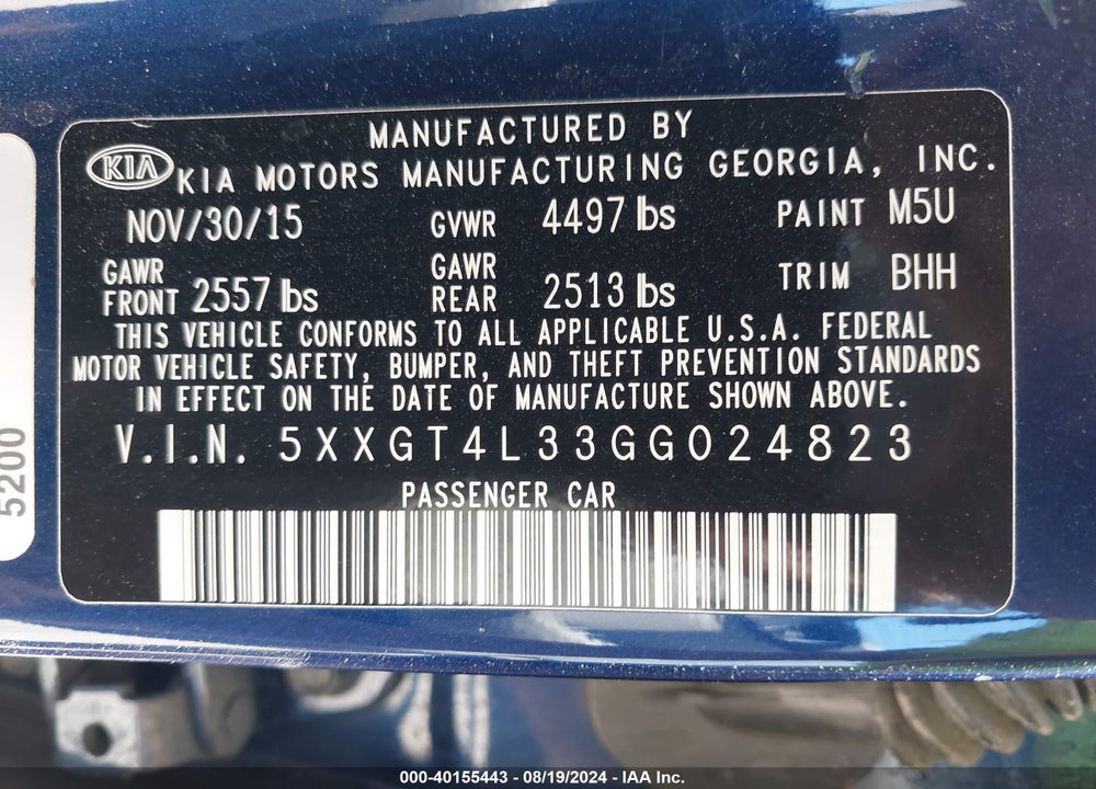 2016 KIA OPTIMA LX VIN: 5XXGT4L33GG024823