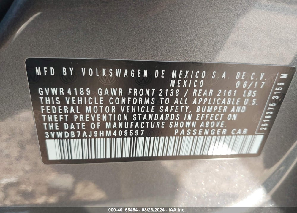 2017 VOLKSWAGEN JETTA 1.4T SE VIN: 3VWDB7AJ9HM409597