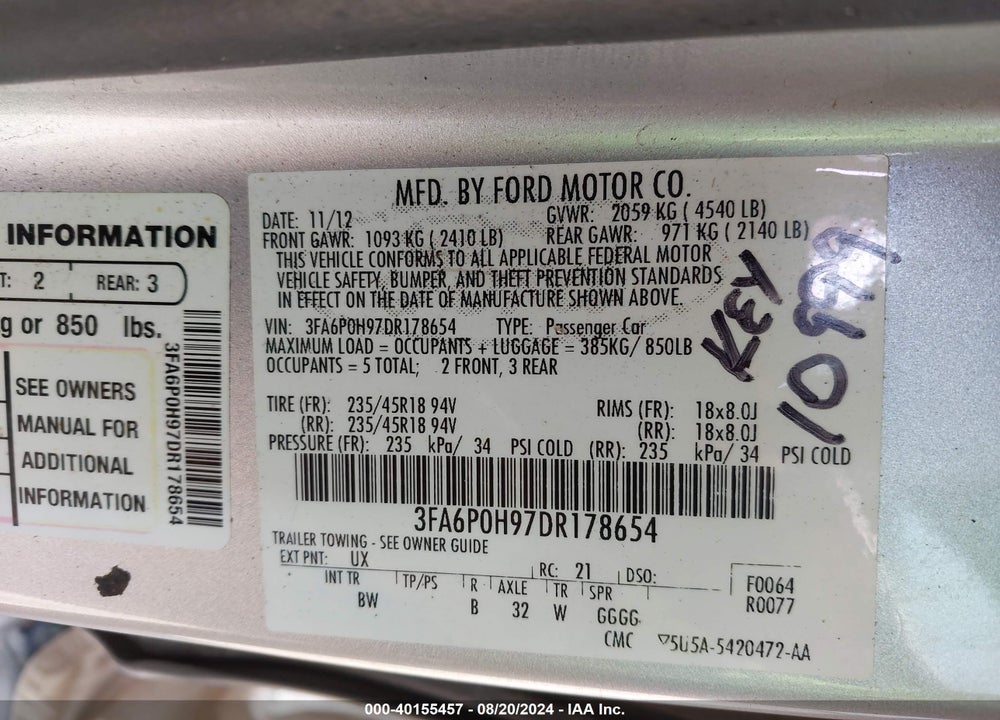 2013 FORD FUSION SE VIN: 3FA6P0H97DR178654