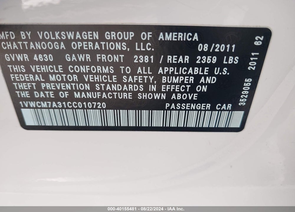 2012 VOLKSWAGEN PASSAT 3.6L V6 SEL PREMIUM VIN: 1VWCM7A31CC010720