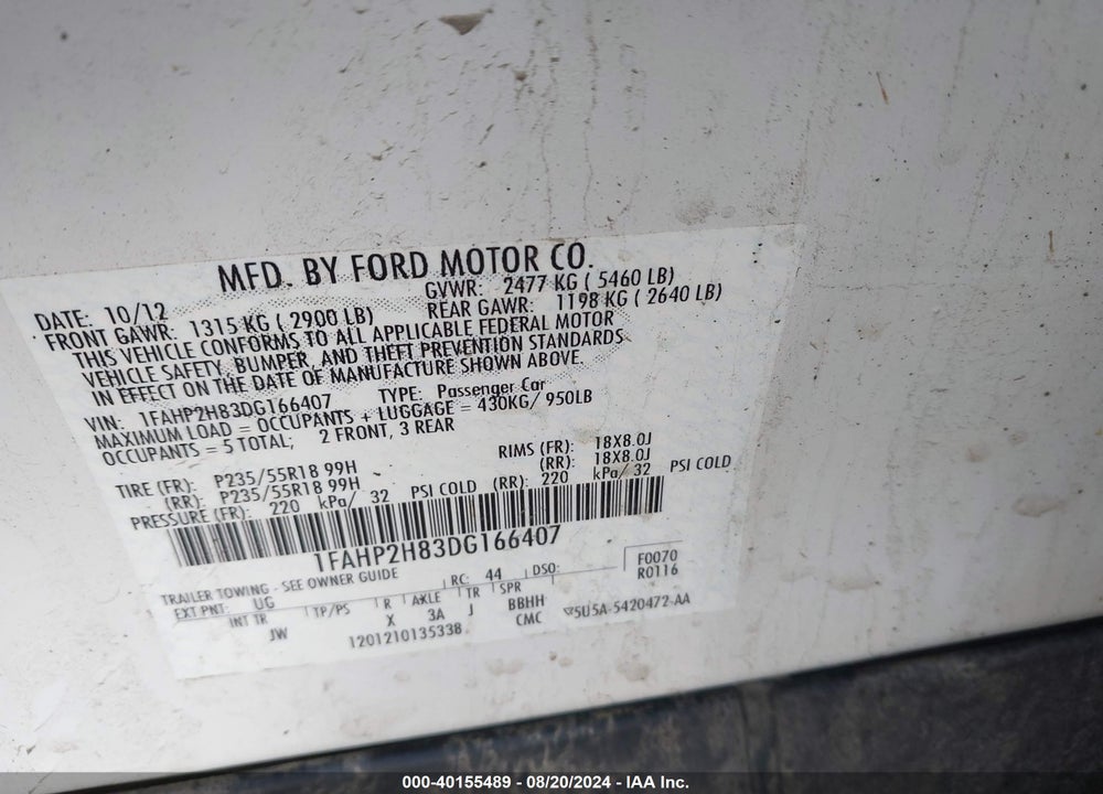 2013 FORD TAURUS SEL VIN: 1FAHP2H83DG166407