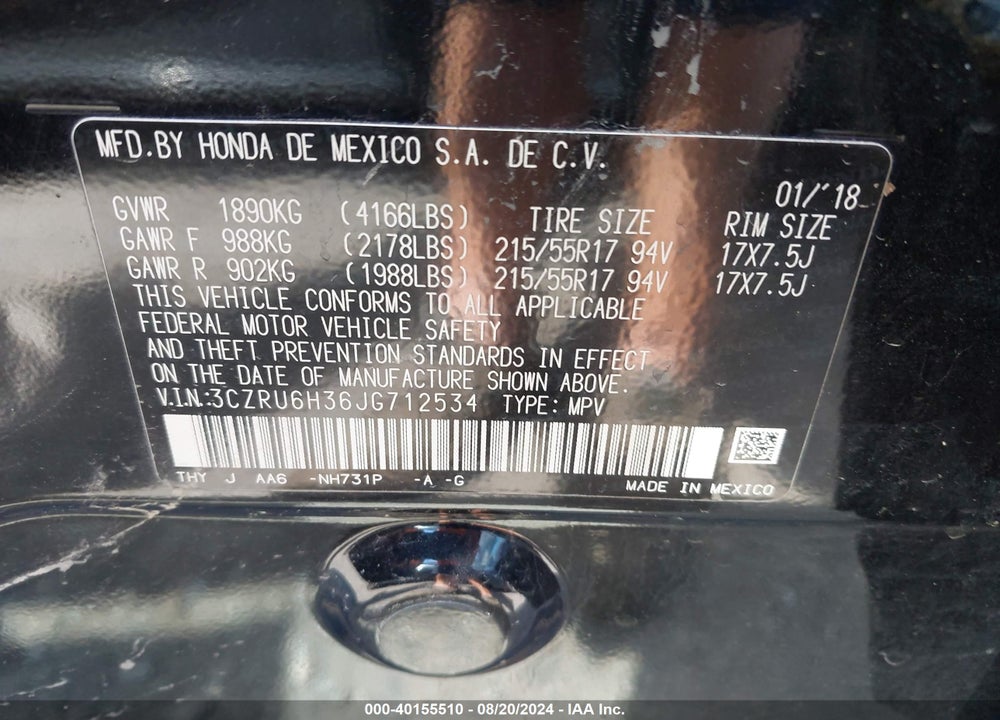 2018 HONDA HR-V LX VIN: 3CZRU6H36JG712534