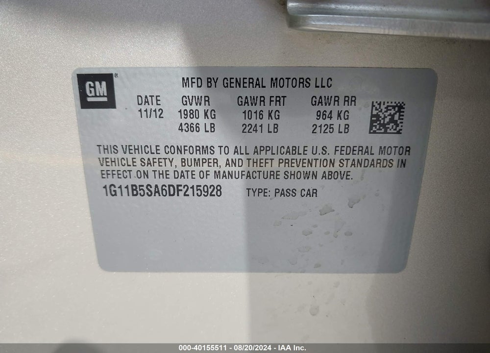 2013 CHEVROLET MALIBU 1LS VIN: 1G11B5SA6DF215928