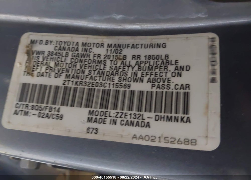 2003 TOYOTA MATRIX/XR VIN: 2T1KR32E03C115569