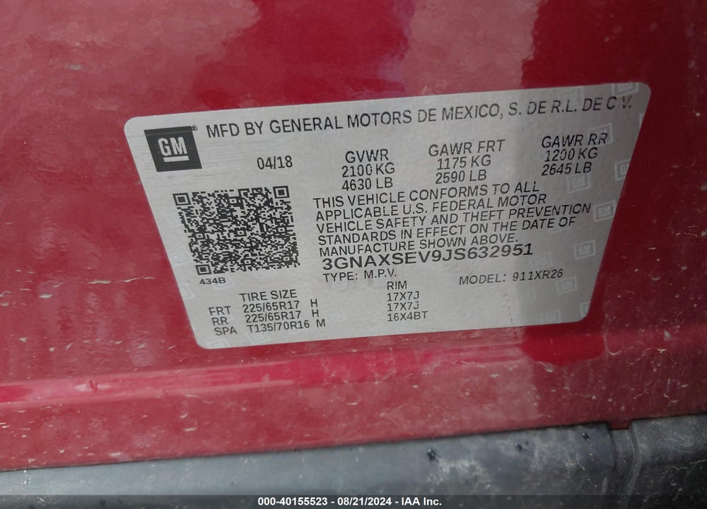2018 CHEVROLET EQUINOX LT VIN: 3GNAXSEV9JS632951